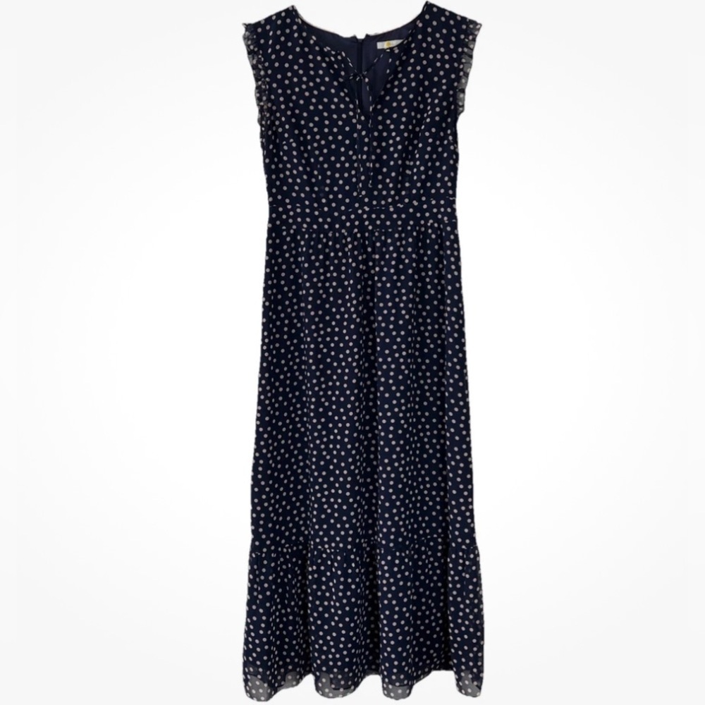 Boden Navy Blue Polka Dot sheer chiffon sleeveless frill maxi dress 6 long